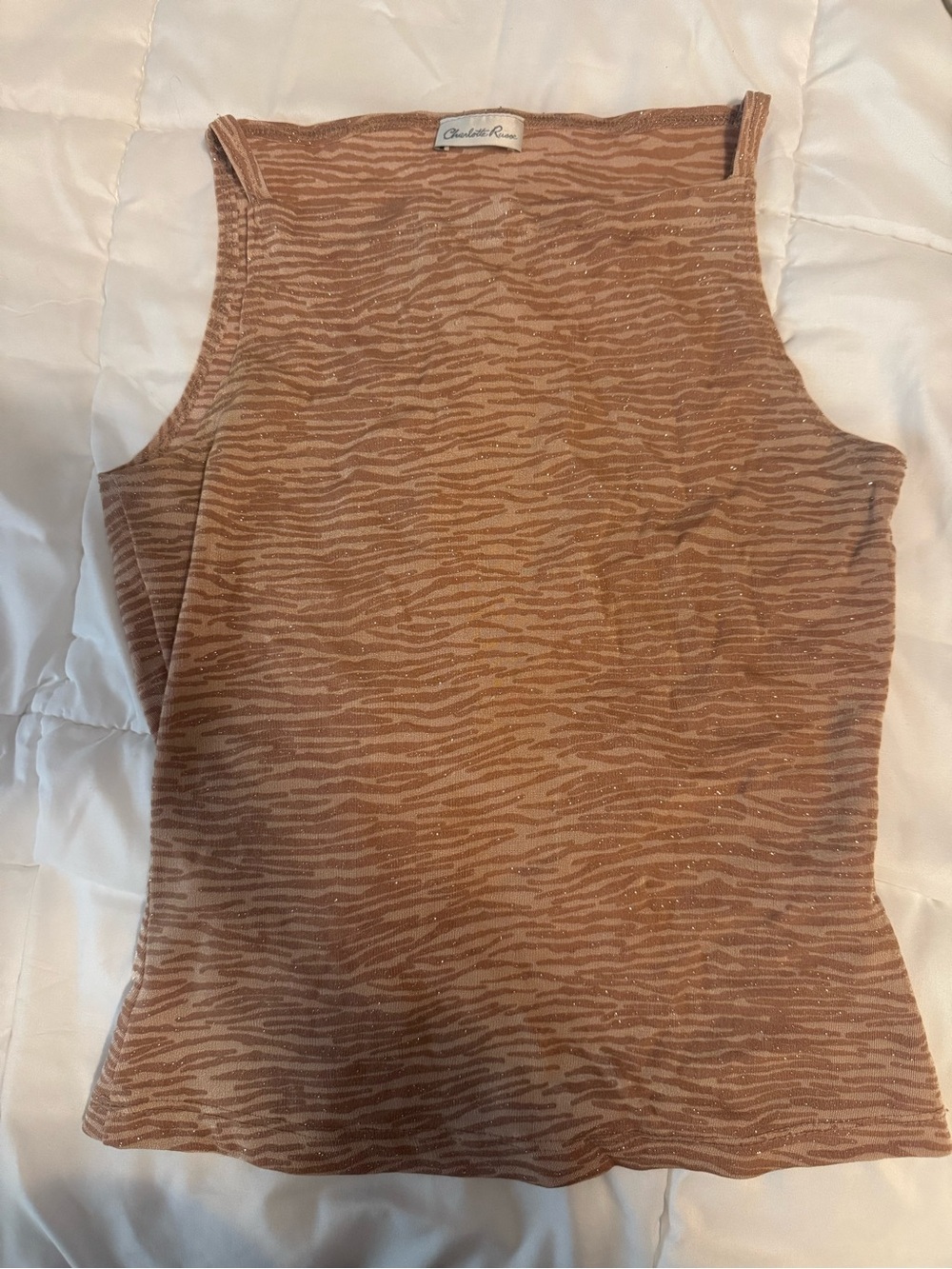 Charlotte Russe Sparkle Tan Zebra-Print Tank Top